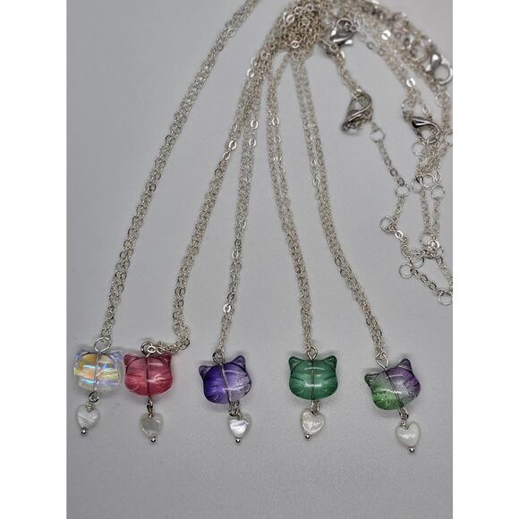Glass Cat Charm Necklace Shell Heart Silver Chain for Kids and Cat Lovers - Picture 3 of 4